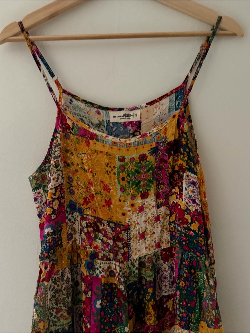 Natural Life Wide Leg Jumpsuit Patchwork Overalls Yellow Pink Size Small Boho - Picture 11 of 12